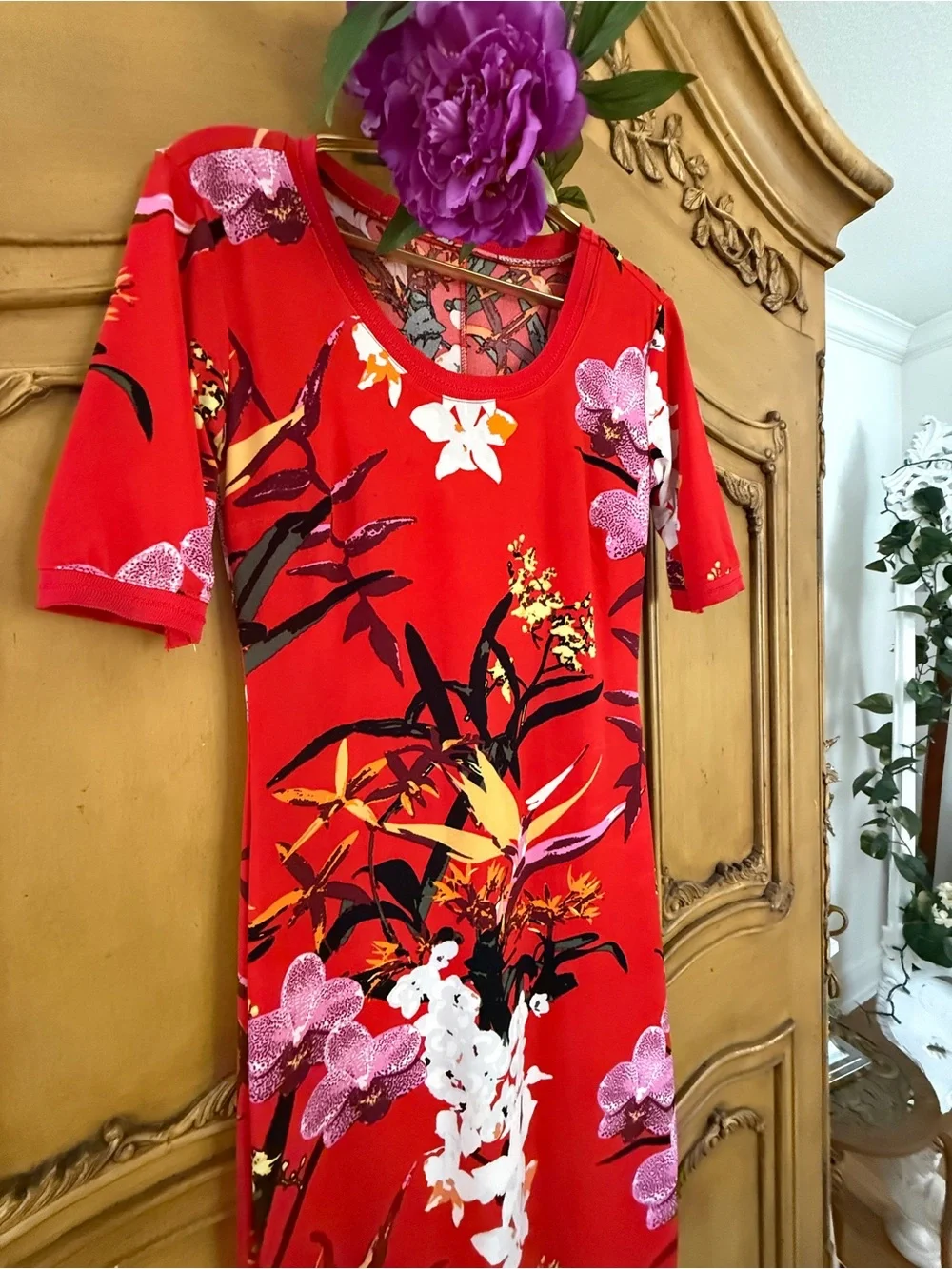 Red Floral Short Sleeve Bodycon Dress - Picture 6 of 6